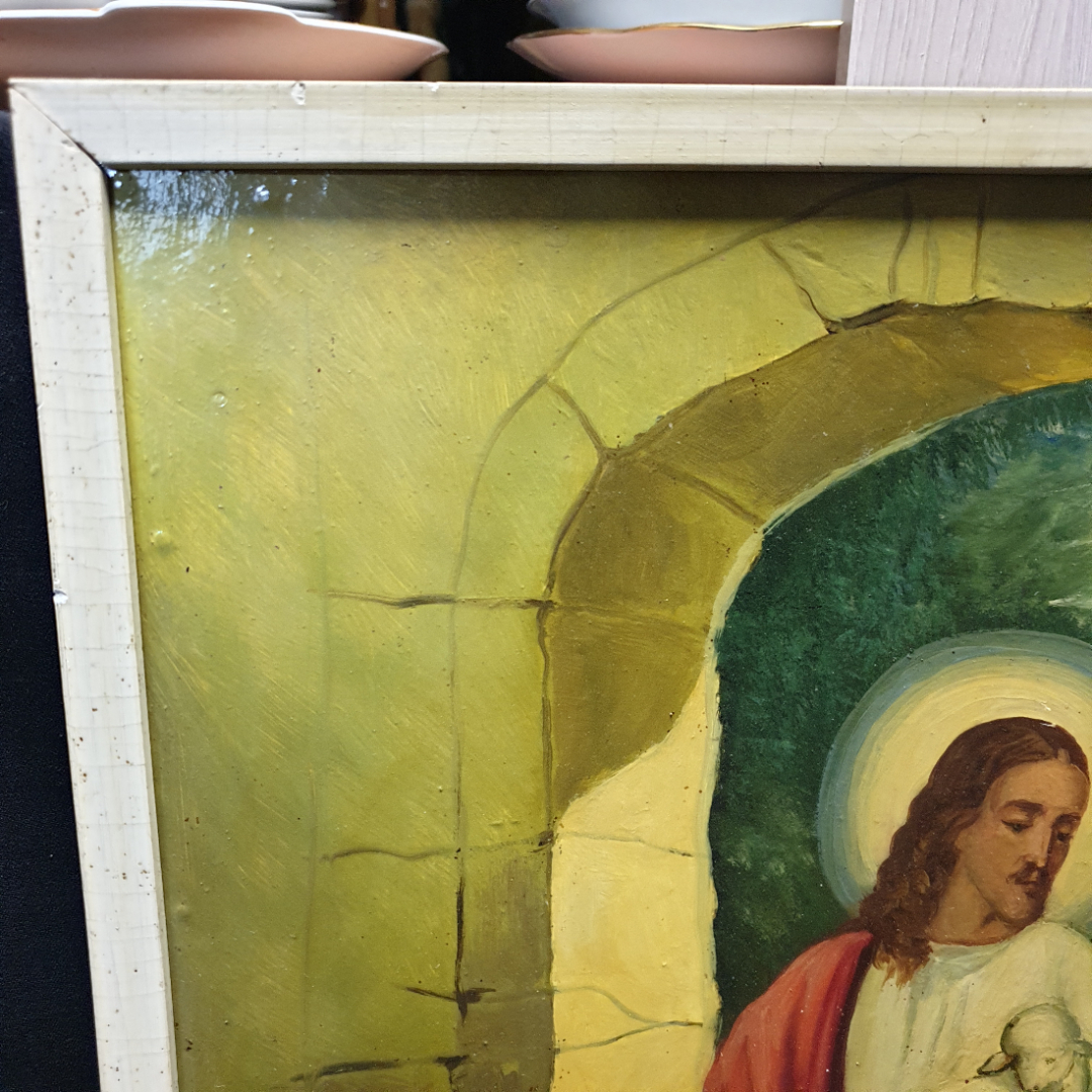 Картина "Иисус с ягнятами", художник Ю.Н. Арбузов (1939-2011), размеры 42х57см масло/фанера. Картинка 2
